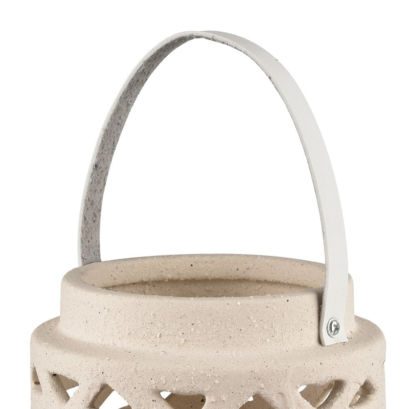 Atlas Lighting Haney Small 10in Lantern | Cream Earthenware with Leather Handle | Coastal Entryway & Patio Decor | 6 x 6 x 10 in | Model AC11362-01