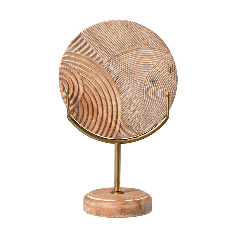 Atlas Lighting Lambert Carved Small Object | Natural Wood Disc on Gold Metal Stand | Living Room & Study Sculpture | Model AC11423-01