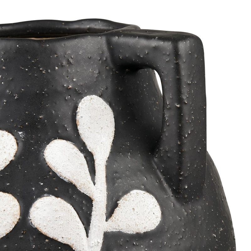 Atlas Lighting Maria Small Vase | Transitional Matte Black Earthenware with White Leaf Pattern | Living Room & Entryway Decor | Model AC11462-01