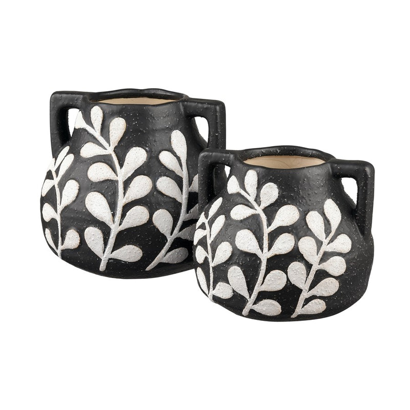 Atlas Lighting Maria Large Vase | Transitional Matte Black Earthenware with White Leaf Pattern | Living Room & Entryway Decor | Model AC11462-02