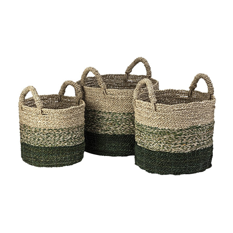 Atlas Lighting Maton Seagrass Basket Set of 3 | Natural Jute & Green Bands | Living Room & Entryway Storage | Model AC11466-01S