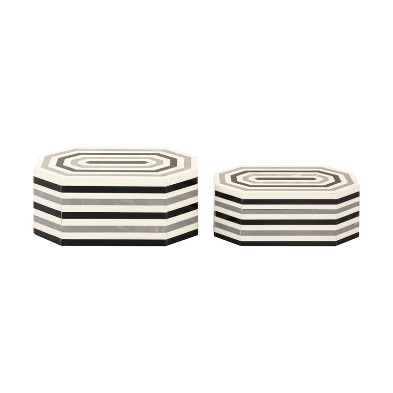 Atlas Lighting Octagonal Striped Box Set of 2 | White and Black Composite Storage | Living Room & Shelf Decor | 11.5 x 7.5 x 5 in | Model AC11504-01S