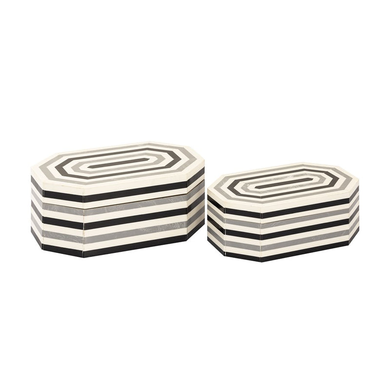 Atlas Lighting Octagonal Striped Box Set of 2 | White and Black Composite Storage | Living Room & Shelf Decor | 11.5 x 7.5 x 5 in | Model AC11504-01S