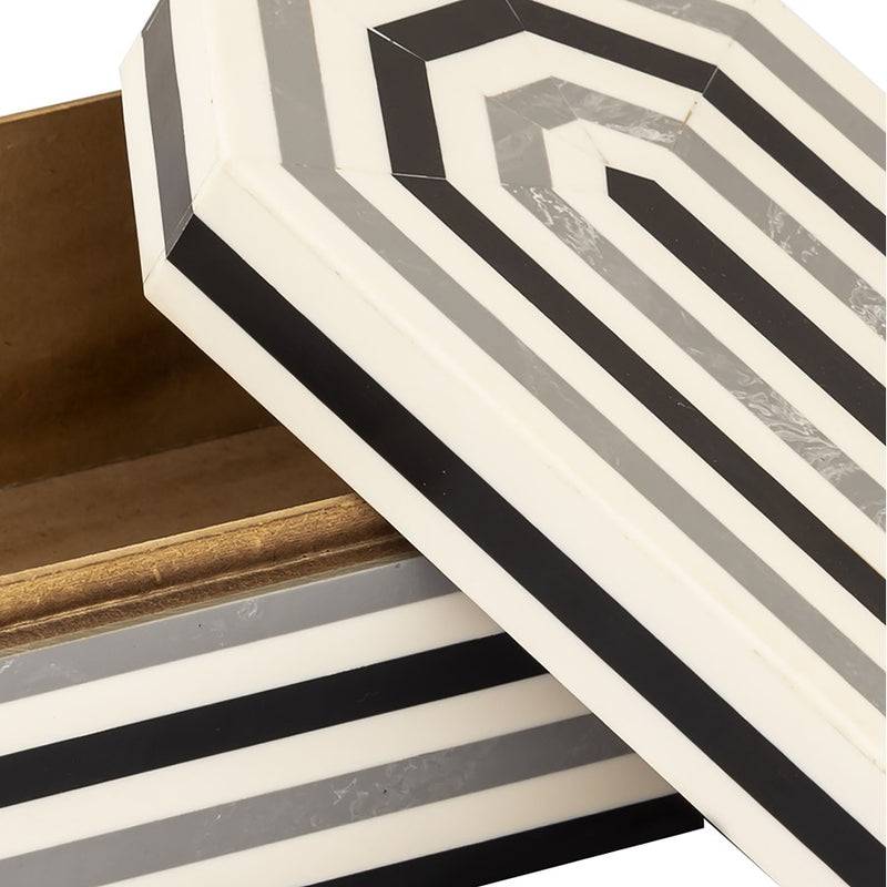 Atlas Lighting Octagonal Striped Box Set of 2 | White and Black Composite Storage | Living Room & Shelf Decor | 11.5 x 7.5 x 5 in | Model AC11504-01S
