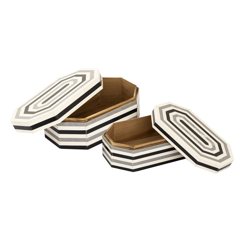 Atlas Lighting Octagonal Striped Box Set of 2 | White and Black Composite Storage | Living Room & Shelf Decor | 11.5 x 7.5 x 5 in | Model AC11504-01S