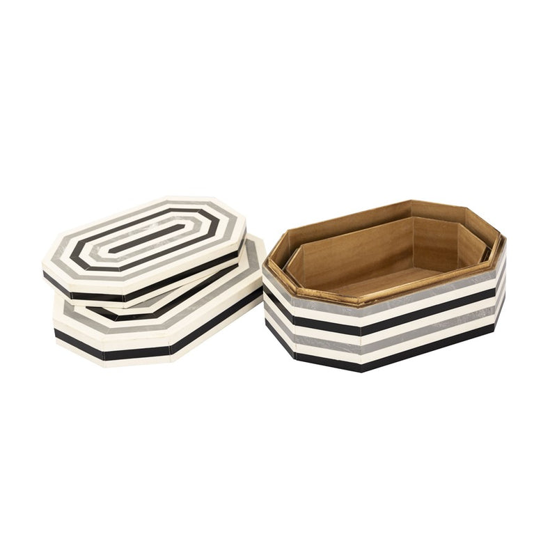 Atlas Lighting Octagonal Striped Box Set of 2 | White and Black Composite Storage | Living Room & Shelf Decor | 11.5 x 7.5 x 5 in | Model AC11504-01S
