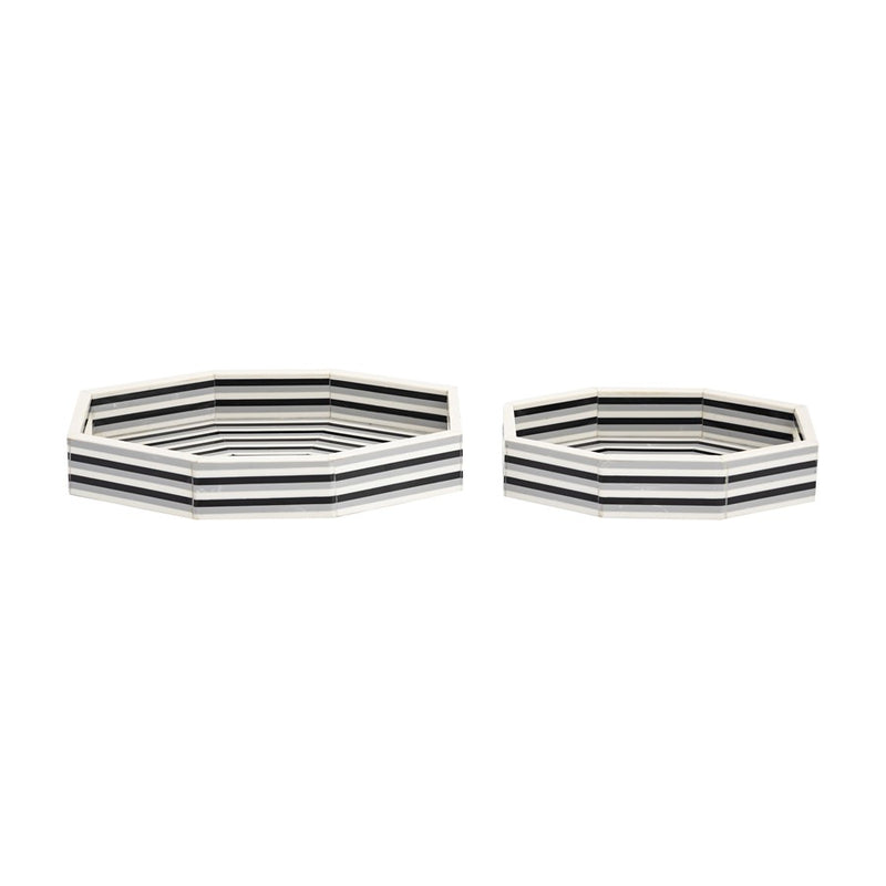 Atlas Lighting Octagonal Striped Tray Set of 2 | White and Black Composite Serving Trays | Coffee Table & Kitchen Decor | Model AC11505-01S