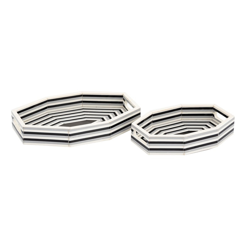 Atlas Lighting Octagonal Striped Tray Set of 2 | White and Black Composite Serving Trays | Coffee Table & Kitchen Decor | Model AC11505-01S
