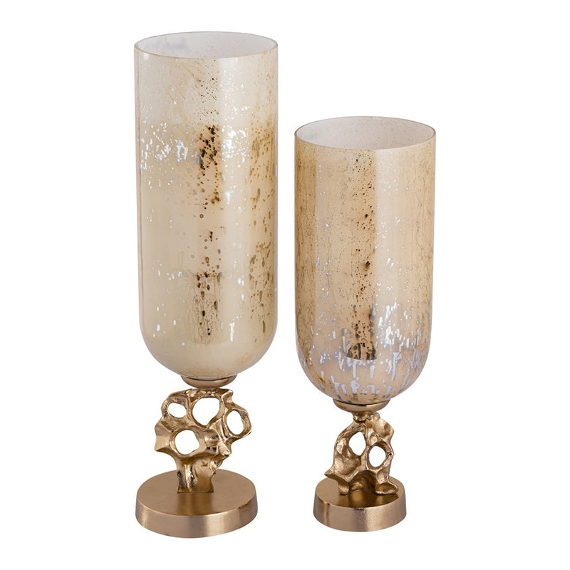 Atlas Lighting Radner Hurricane Set of 2 | Antique Cream Glass with Gold Metal Base | Mantel & Dining Table Candle Holders | Model AC11545-01S