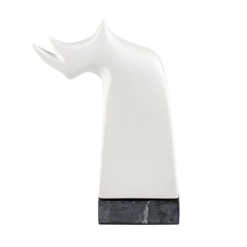 Atlas Lighting Serengeti Rhino Sculpture | Matte White Earthenware on Black Stone Base | Bookshelf & Credenza Decor | Model AC11580-01