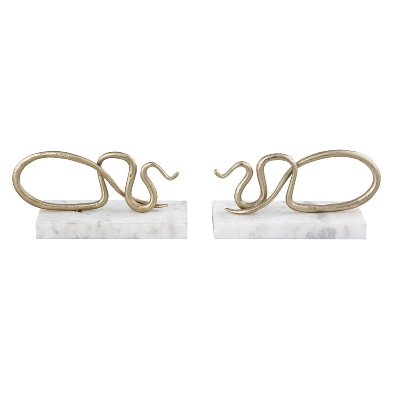 Atlas Lighting Snake Bookend Set of 2 | Polished Brass Serpent on White Marble Base | Bookshelf & Desktop Decor | Model AC11596-01S