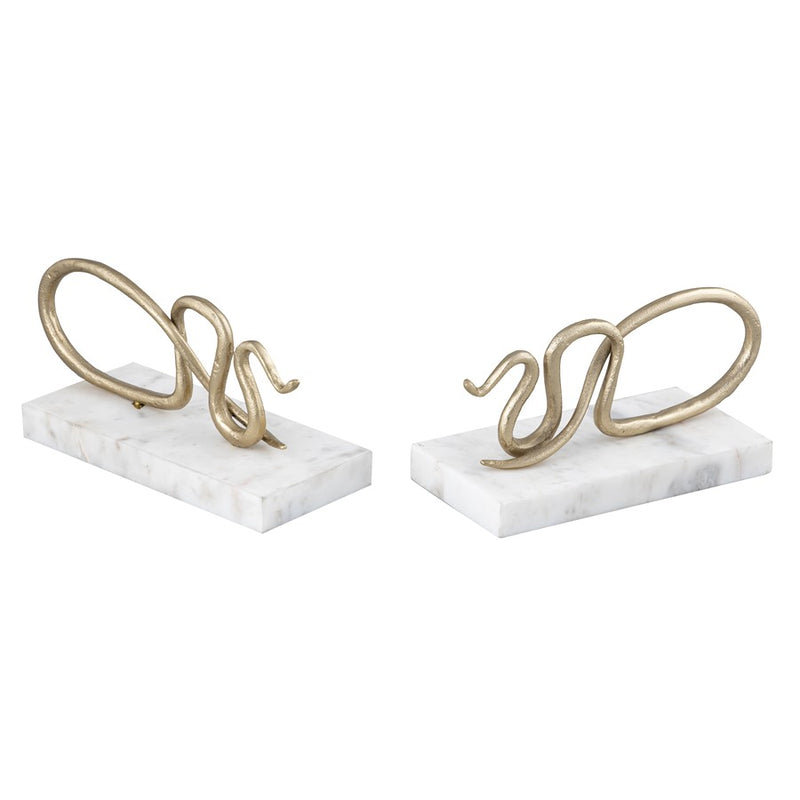 Atlas Lighting Snake Bookend Set of 2 | Polished Brass Serpent on White Marble Base | Bookshelf & Desktop Decor | Model AC11596-01S