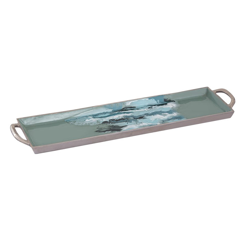 Atlas Lighting Spindrift Tray Set of 2 | Seafoam Green Enamel Metal with Nickel Handles | Serving & Storage | 26.5 x 9 x 2 in | Model AC11604-01S