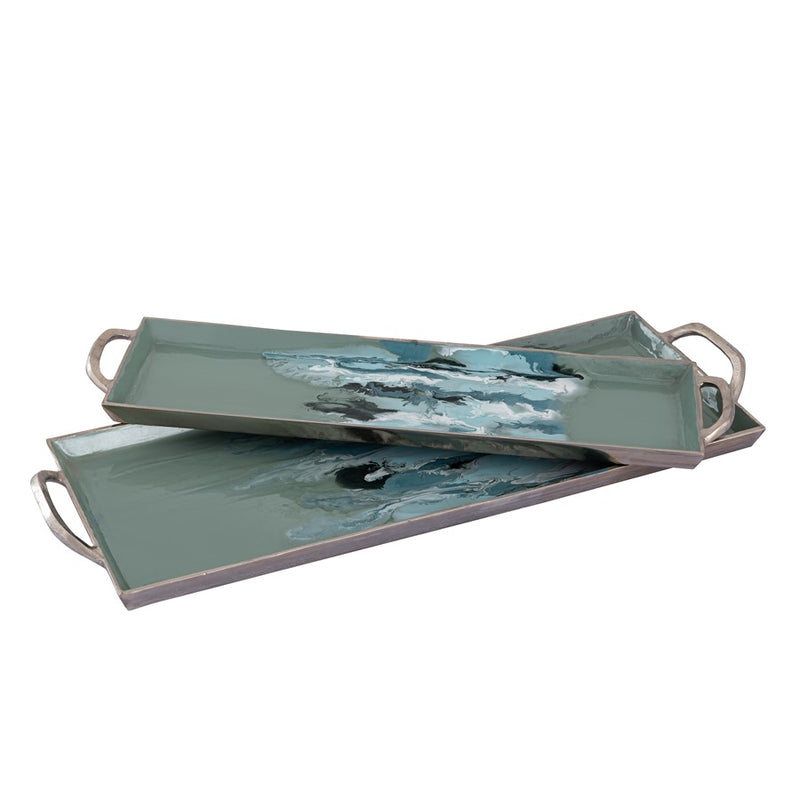 Atlas Lighting Spindrift Tray Set of 2 | Seafoam Green Enamel Metal with Nickel Handles | Serving & Storage | 26.5 x 9 x 2 in | Model AC11604-01S