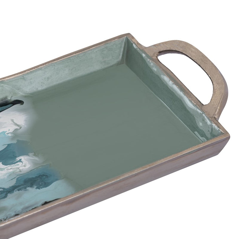 Atlas Lighting Spindrift Tray Set of 2 | Seafoam Green Enamel Metal with Nickel Handles | Serving & Storage | 26.5 x 9 x 2 in | Model AC11604-01S