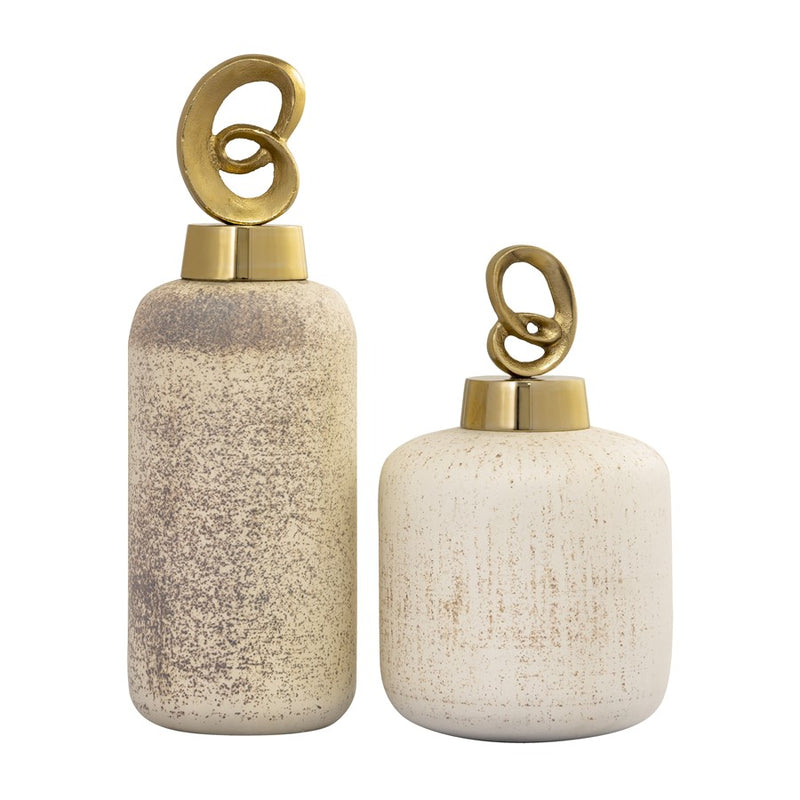 Atlas Lighting Tiff Bottle Set of 2 | Aged Cream Glass with Antique Brass Stoppers | Shelf, Console & Mantel Decor | 5 x 5 x 15 in | Model AC11640-01S