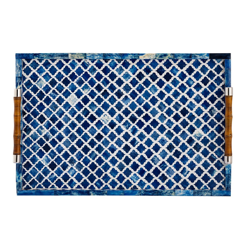 Atlas Lighting Tucker 24in Serving Tray | Blue Ogee Pattern with Bamboo & Polished Nickel Handles | Living Room & Kitchen | Model AC11653-01