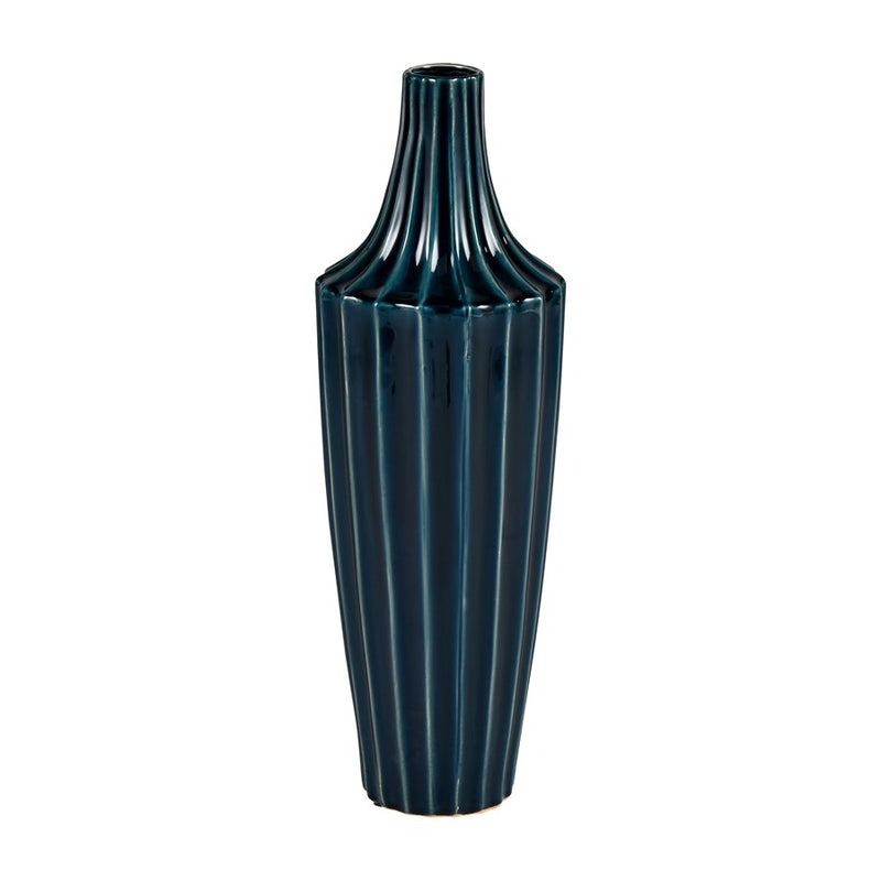 Atlas Lighting Virginia Vase | Midnight Blue Earthenware Fluted Decor | Entryway & Living Room Accent | 6.5 x 6.5 x 20 in | Model AC11665-01