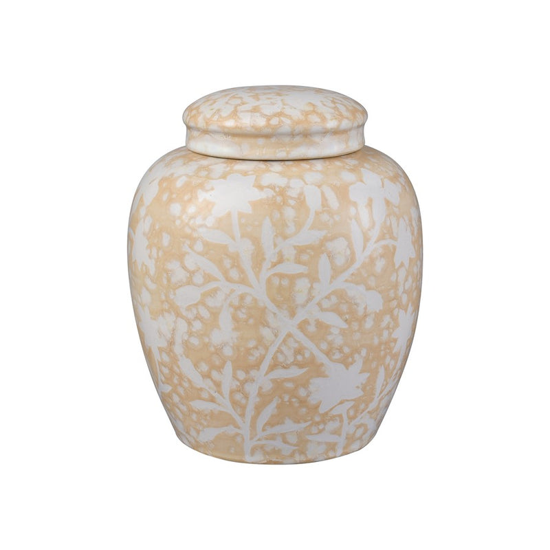 Atlas Lighting Yvonne 6in Round Ceramic Jar Set of 2 | Cream Glazed Earthenware with White Floral | Kitchen Counter & Shelf Decor | Model AC11693-01S