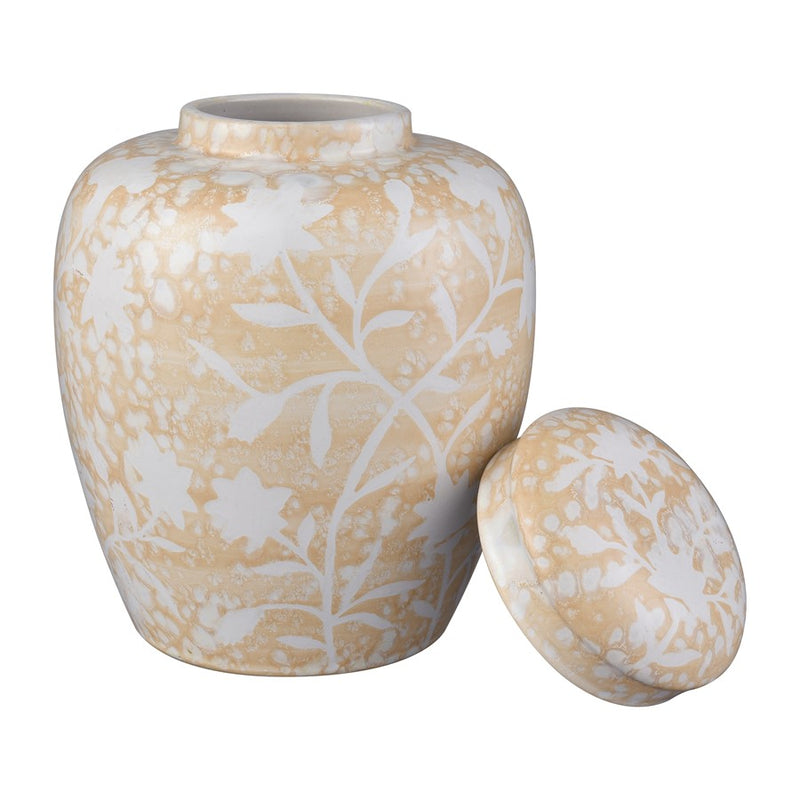 Atlas Lighting Yvonne 6in Round Ceramic Jar Set of 2 | Cream Glazed Earthenware with White Floral | Kitchen Counter & Shelf Decor | Model AC11693-01S