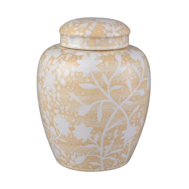 Atlas Lighting Yvonne 6in Round Ceramic Jar Set of 2 | Cream Glazed Earthenware with White Floral | Kitchen Counter & Shelf Decor | Model AC11693-01S
