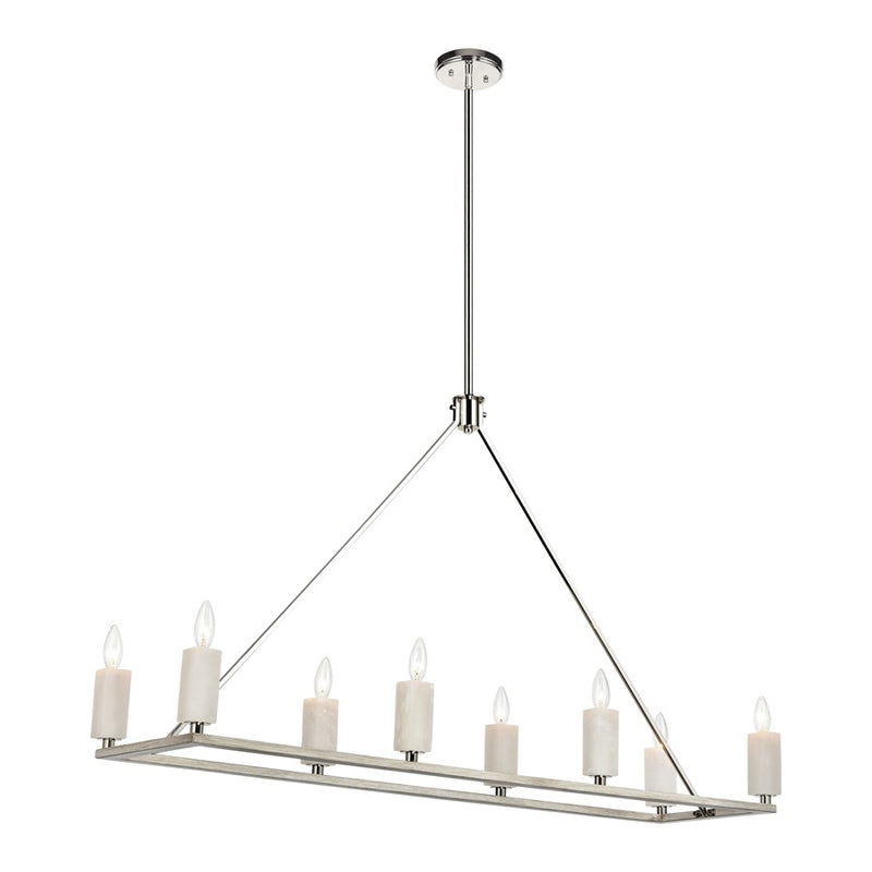 Atlas Lighting White Stone 48in 8-Light Linear Chandelier | Polished Nickel and Sunbleached Oak | Kitchen Island & Dining Room | Model CL11038-NK