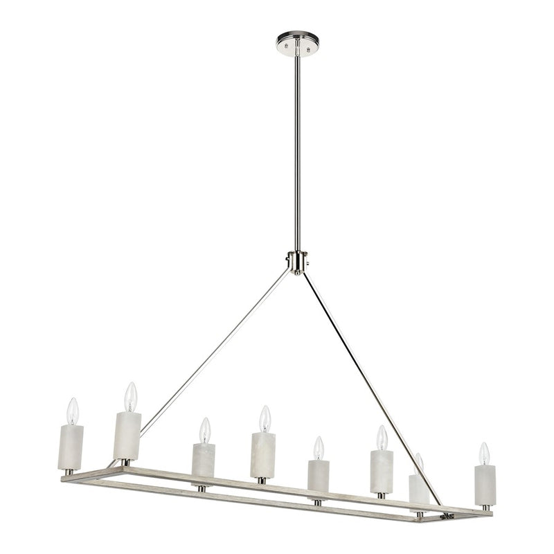 Atlas Lighting White Stone 48in 8-Light Linear Chandelier | Polished Nickel and Sunbleached Oak | Kitchen Island & Dining Room | Model CL11038-NK