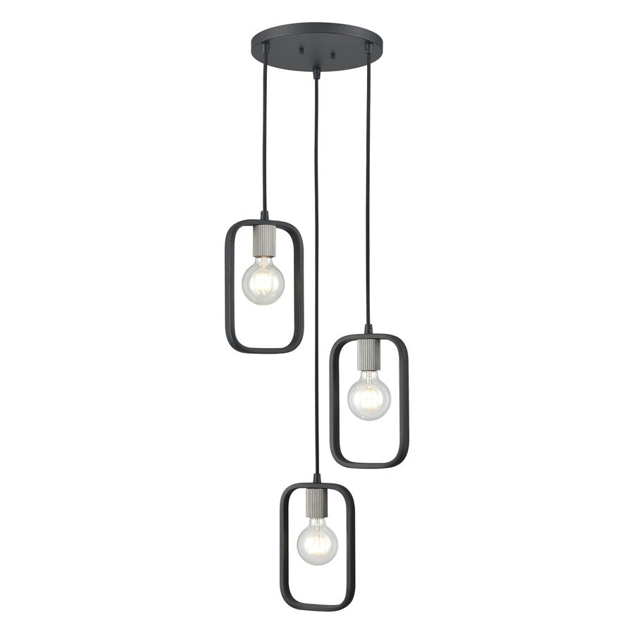 Atlas Lighting 12'' Wide 3Lt Chandelier, Matte Black/Nickel Sockets