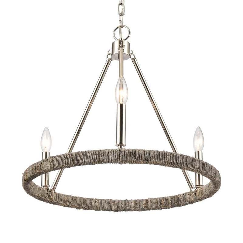 Atlas Lighting Abaca 20in 3-Light Chandelier | Transitional Polished Nickel and Gray Rope | Dining Room & Living Room | Model CL11043-NK