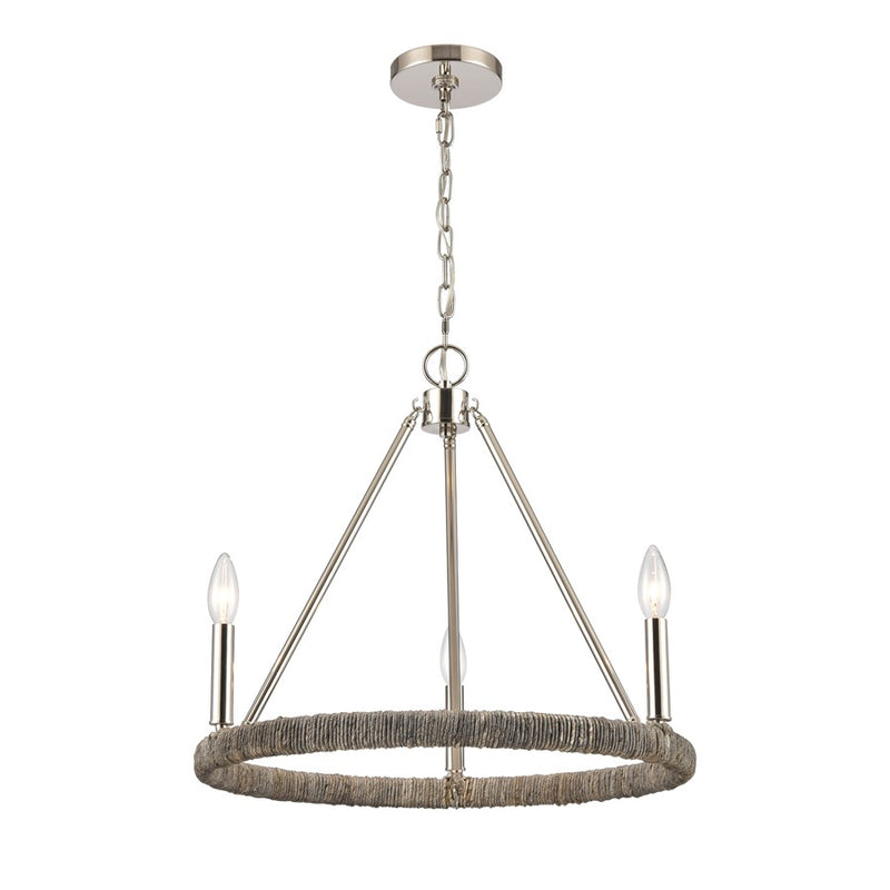 Atlas Lighting Abaca 20in 3-Light Chandelier | Transitional Polished Nickel and Gray Rope | Dining Room & Living Room | Model CL11043-NK