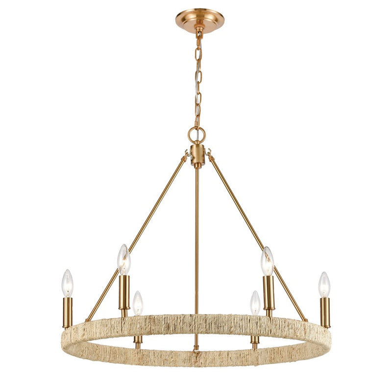Atlas Lighting Abaca 27in 6-Light Chandelier | Transitional Satin Brass and Natural Abaca Rope | Dining Room & Living Room | Model CL11046-BS