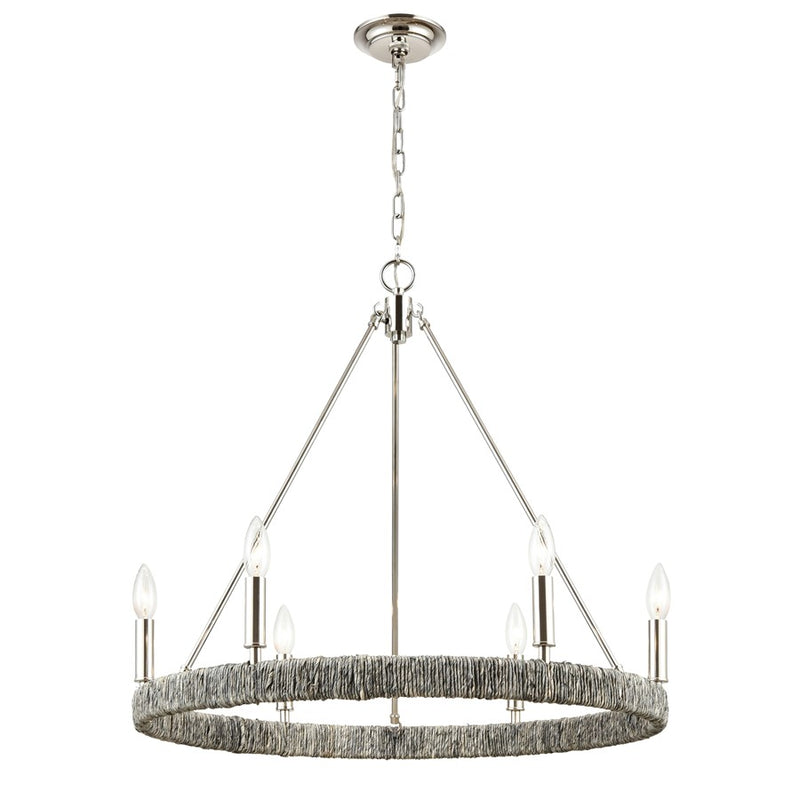 Atlas Lighting Abaca 27in 6-Light Chandelier | Transitional Polished Nickel and Natural Abaca Rope | Dining Room & Living Room | Model CL11046-NK
