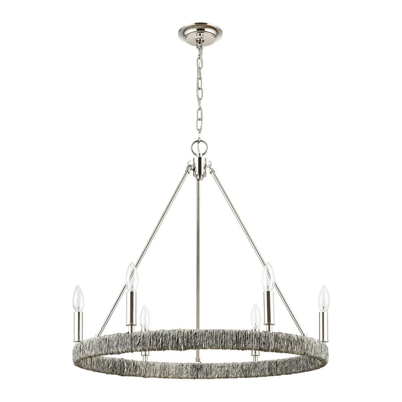 Atlas Lighting Abaca 27in 6-Light Chandelier | Transitional Polished Nickel and Natural Abaca Rope | Dining Room & Living Room | Model CL11046-NK