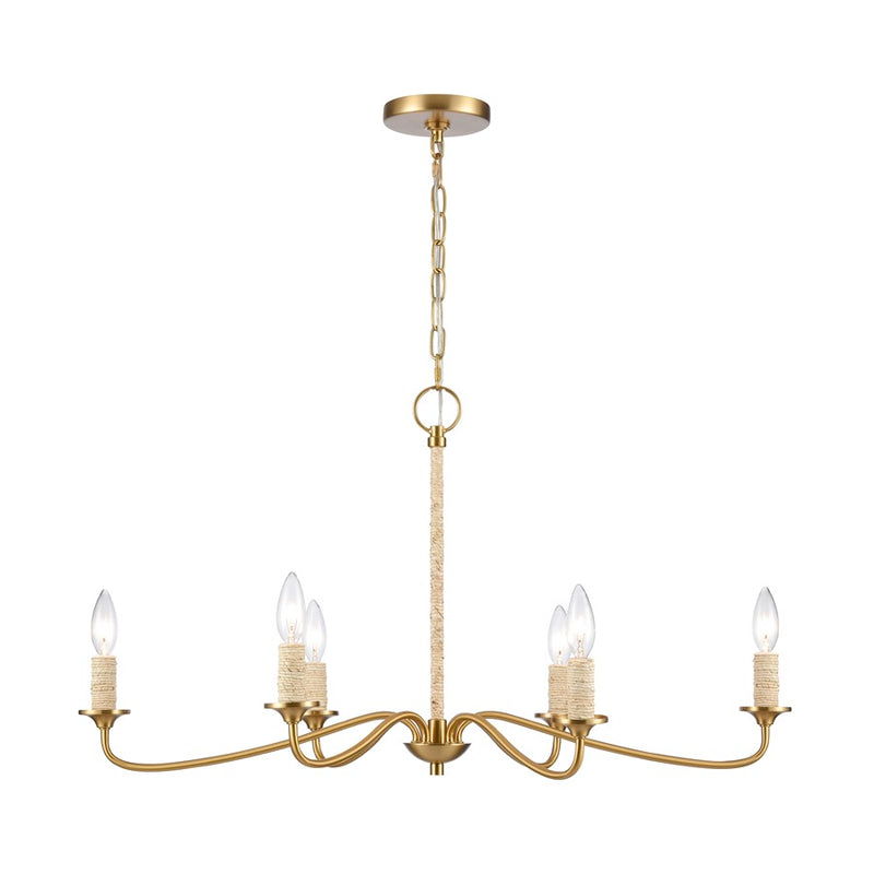 Atlas Lighting Abaca 32in 6-Light Chandelier | Transitional Satin Brass and Natural Abaca Rope | Dining Room & Living Room | Model CL11047-BS