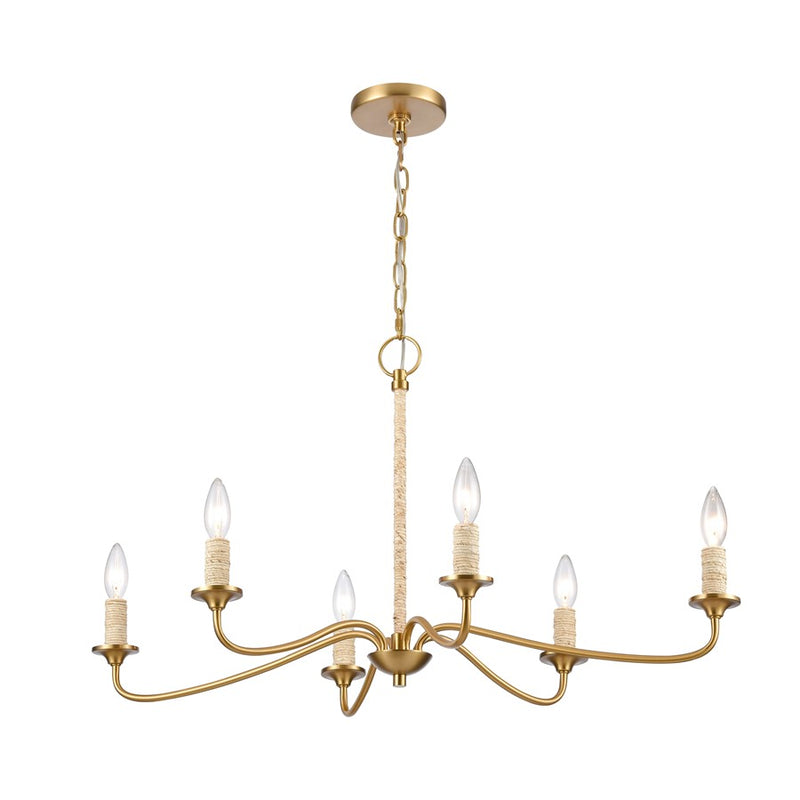 Atlas Lighting Abaca 32in 6-Light Chandelier | Transitional Satin Brass and Natural Abaca Rope | Dining Room & Living Room | Model CL11047-BS