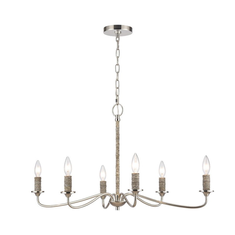 Atlas Lighting Abaca 32in 6-Light Chandelier | Transitional Polished Nickel and Natural Abaca Rope | Dining Room & Living Room | Model CL11047-NK