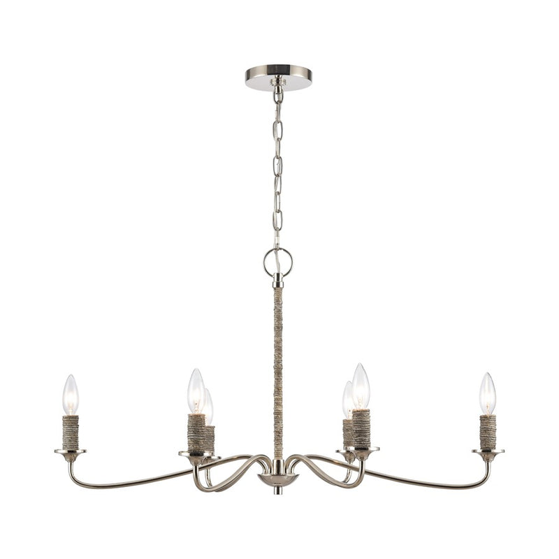 Atlas Lighting Abaca 32in 6-Light Chandelier | Transitional Polished Nickel and Natural Abaca Rope | Dining Room & Living Room | Model CL11047-NK
