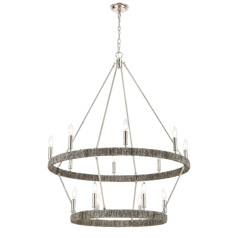 Atlas Lighting Abaca 36in 14-Light Chandelier | Transitional Polished Nickel and Gray Abaca Rope | Dining Room & Living Room | Model CL11050-NK