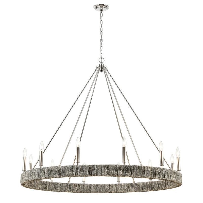 Atlas Lighting Abaca 48in 12-Light Chandelier | Transitional Polished Nickel and Gray Abaca Rope | Dining Room & Living Room | Model CL11051-NK