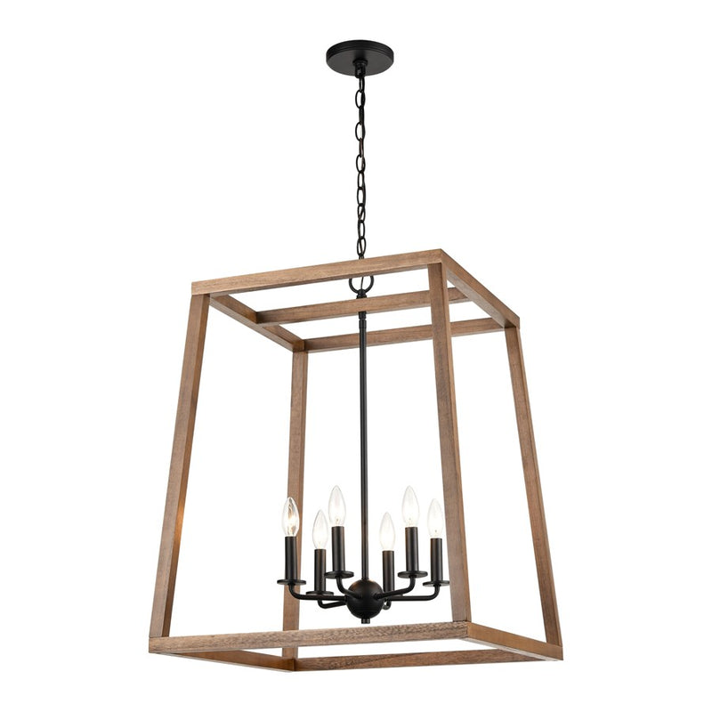 Atlas Lighting Barrow 26in 6-Light Chandelier | Transitional Matte Black and Birchwood | Dining Room & Living Room | Model CL11076-NA