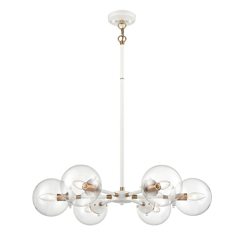 Atlas Lighting Boudreaux 28in 6-Light Chandelier | Mid-Century Matte White and Satin Brass with Clear Glass | Kitchen Island | Model CL11088-WH