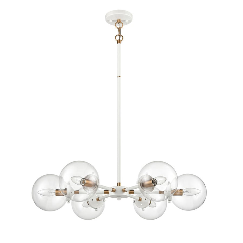 Atlas Lighting Boudreaux 28in 6-Light Chandelier | Mid-Century Matte White and Satin Brass with Clear Glass | Kitchen Island | Model CL11088-WH