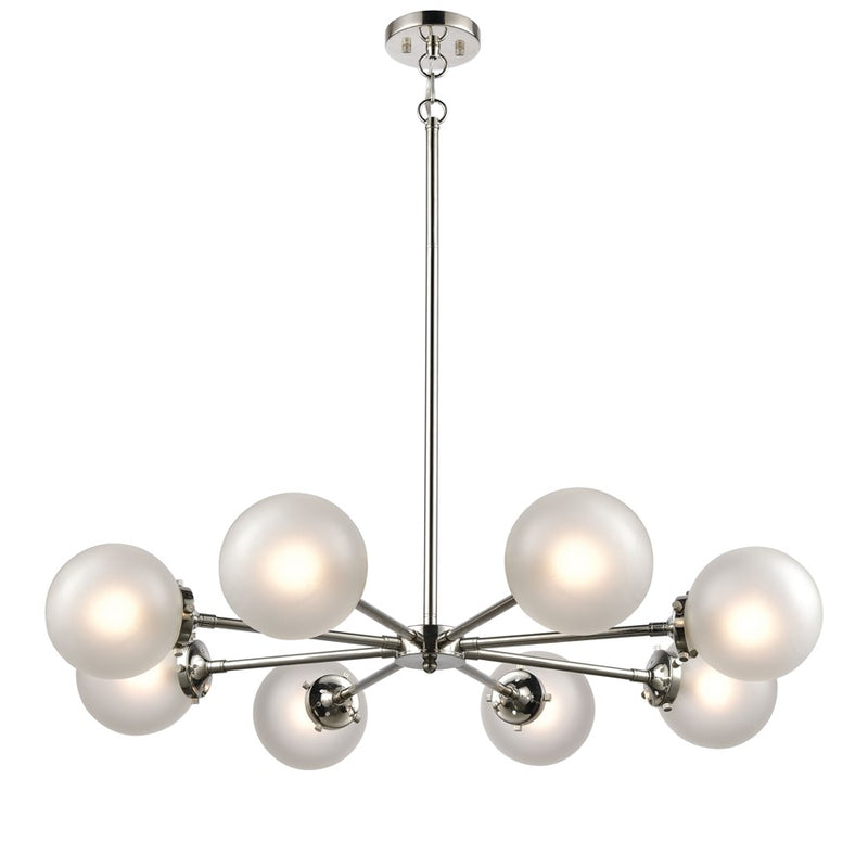 Atlas Lighting Boudreaux 36in 8-Light Chandelier | Mid-Century Polished Nickel with Frosted White Glass | Kitchen Island & Dining | Model CL11090-NK