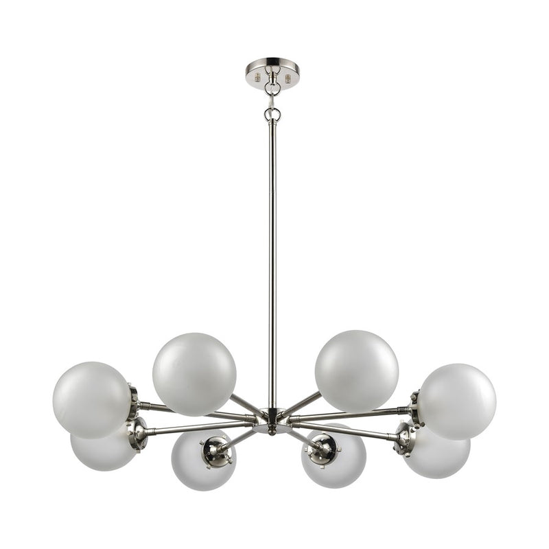 Atlas Lighting Boudreaux 36in 8-Light Chandelier | Mid-Century Polished Nickel with Frosted White Glass | Kitchen Island & Dining | Model CL11090-NK