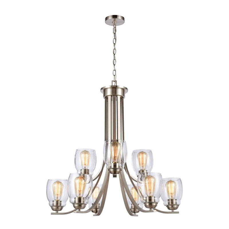 Atlas Lighting Calistoga 30in 9-Light Chandelier | Transitional Brushed Nickel and Clear Glass | Dining Room & Living Room | Model CL11108-NK