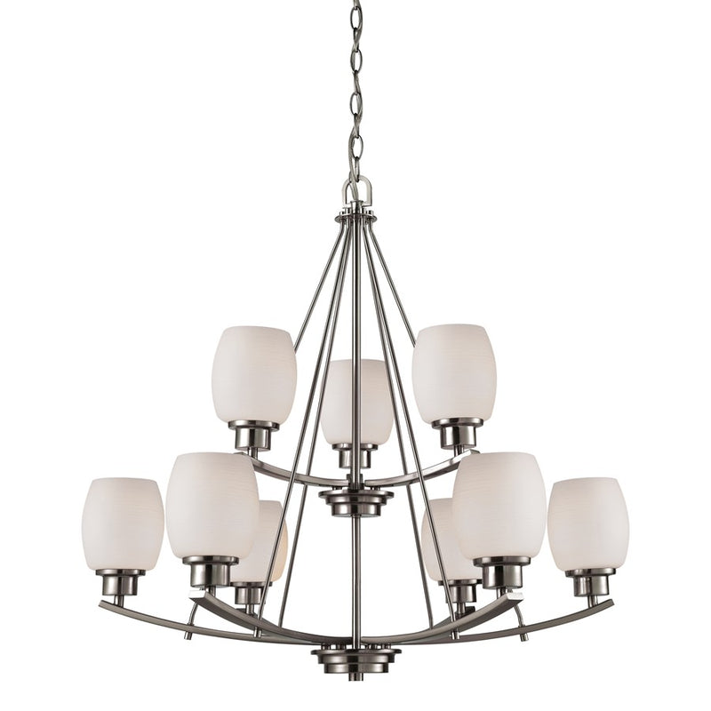Atlas Lighting Casual Mission 29in 9-Light Chandelier | Transitional Brushed Nickel and White Alabaster Glass | Dining Room | Model CL11118-NK