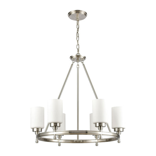 Atlas Lighting Dawson 25'' Wide 6Lt Chandelier, Satin Nickel/White