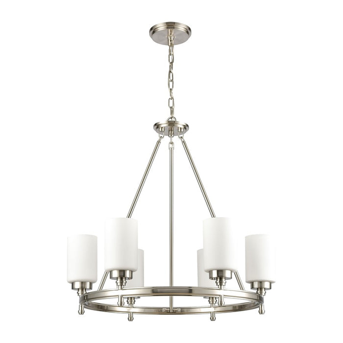 Atlas Lighting Dawson 25'' Wide 6Lt Chandelier, Satin Nickel/White