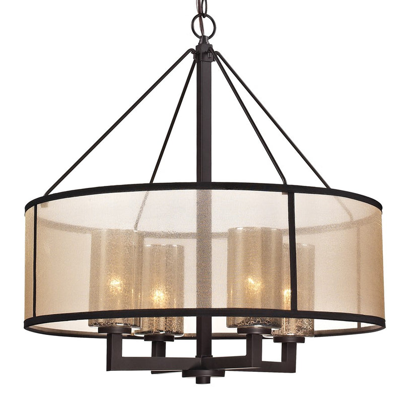 Atlas Lighting Diffusion 24in 4-Light Chandelier | Transitional Oil Rubbed Bronze and Beige Fabric Drum Shade | Dining Room | Model CL11152-BZ