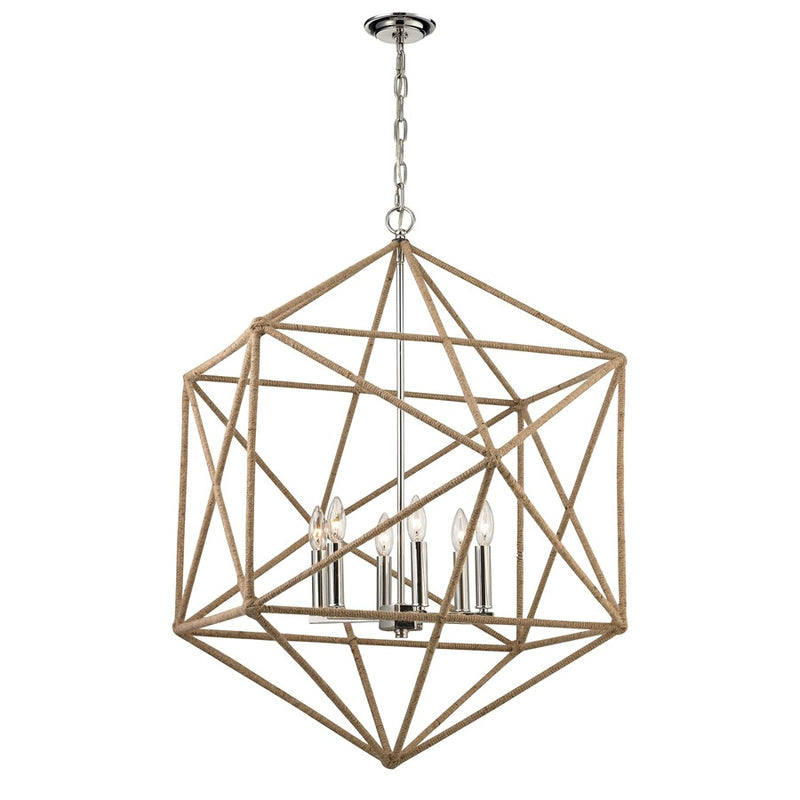 Atlas Lighting Exitor 34in 6-Light Chandelier | Modern Polished Nickel and Natural Rope | Dining Room & Living Room | Model CL11166-NK